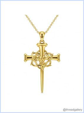 14K Gold Plated Cross Necklace Crown Pendant 18+2" Adjustable Chain